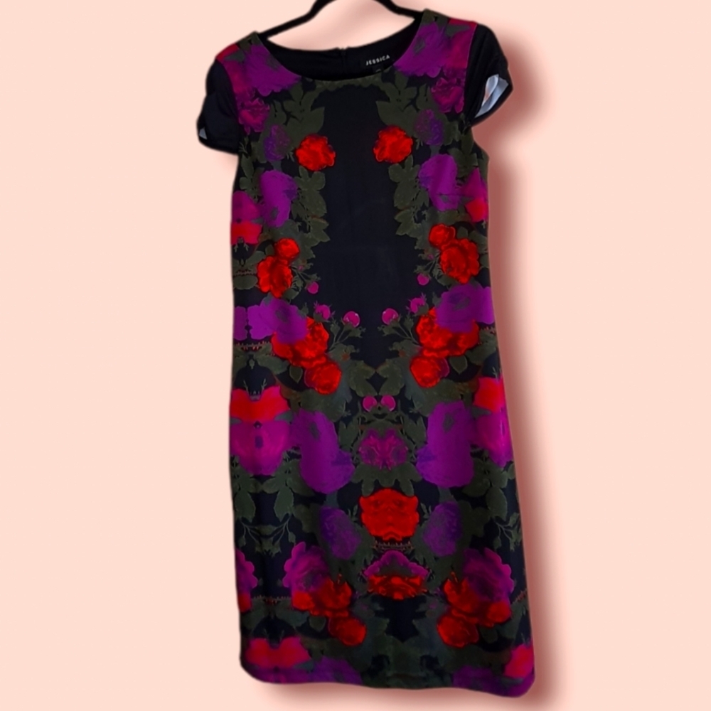 Multicolor capped sleeve  floral zippered jersey dress